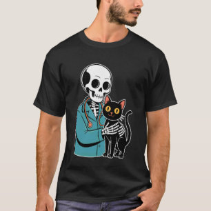 Skelet Knuffelende Kat Grappige Dierenarts Kat Lie T-shirt