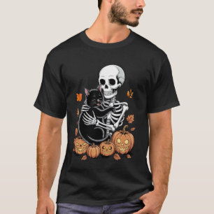 Skelet Knuffelende Kat Grappige Halloween Griezele T-shirt