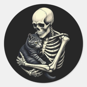 Skelet Knuffelende Kat Grappige Halloween Kat Lief Ronde Sticker