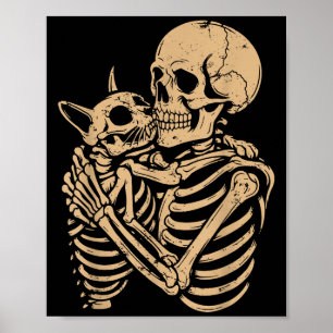 Skelet Knuffelende Kat Halloween Grappige Kat Lief Poster