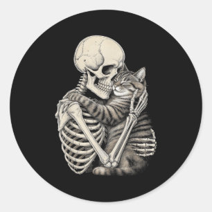 Skelet Knuffelende Kat Halloween Kattenliefhebber Ronde Sticker