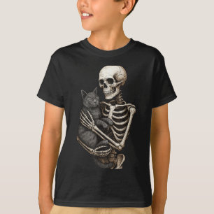 Skelet Knuffelende Kat Halloween Kattenliefhebber T-shirt