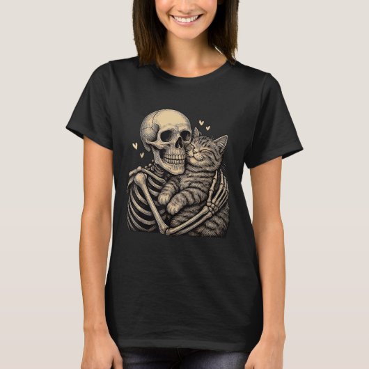 Skelet Knuffelende Kat Halloween T-Shirts Kat Lief (Voorkant)