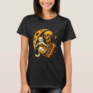 Skelet Knuffelende Kat Maan Nacht Grappige Malle H T-shirt