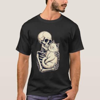 Skelet Knuffelende Kat Schattige Halloween Kat Lie T-shirt