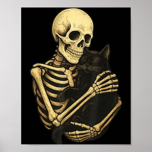 Skelet knuffelt zwarte kat grappige Halloween Poster (Voorkant)