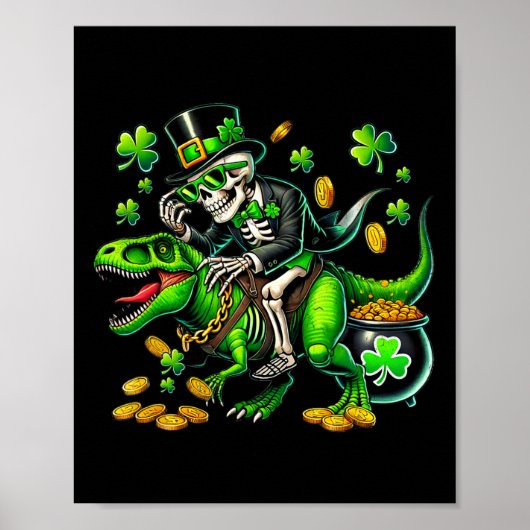 Skelet Leperchaun Skeleton Riding Trex St Patric Poster (Voorkant)