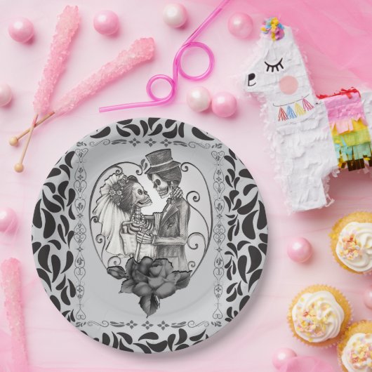 Skelet Liefdes Koppel Huwelijk Dans Gotische Trouw Papieren Bordje (Feest)