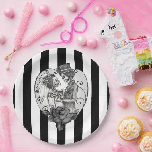 Skelet Liefdes Koppel Huwelijksdans Gotische Trouw Papieren Bordje (Feest)