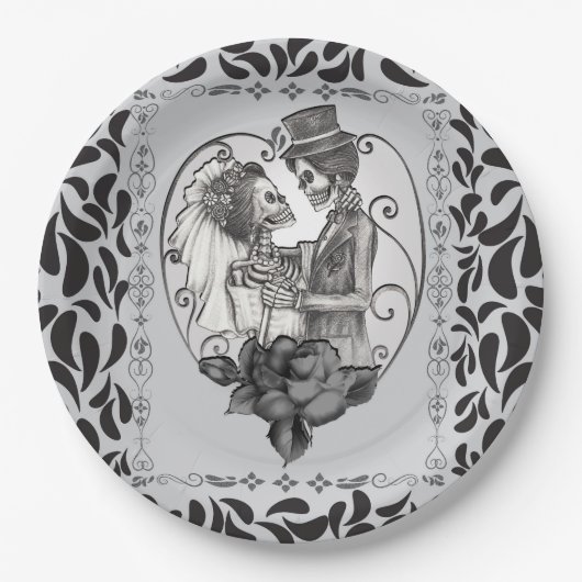 Skelet Liefdes Koppel Huwelijksdans Gotische Trouw Papieren Bordje (Voorkant)