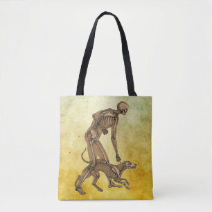 skelet man en hond menselijke anatomie kunst tote bag