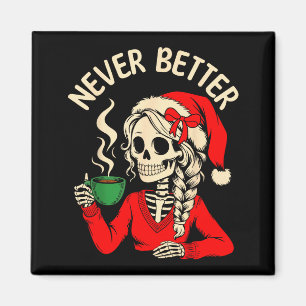 Skelet Meisje Kerstman Drinkt Koffie Kerst Grappig Magneet