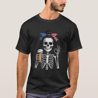Skelet Messy Bun Amerikaanse vlag 4 juli Patri T-shirt