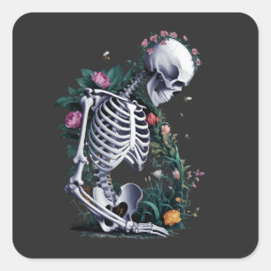 Skelet met bloemen en bijen - Leven en dood Vierkante Sticker