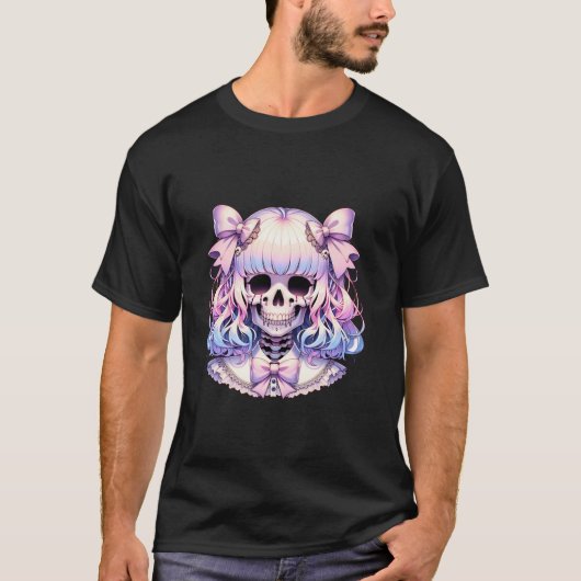 Skelet met Coquette Bow Pastel Gothic Halloween T-shirt (Voorkant)