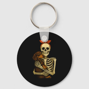 Skelet met dachshond hond Grappige Luie Halloween Sleutelhanger