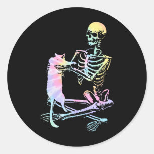 Skelet met een Cat Lazy Halloween kostuum Stropdas Ronde Sticker