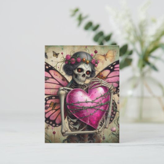 Skelet met een hart gewikkeld in doornen briefkaart (Staand voorkant)