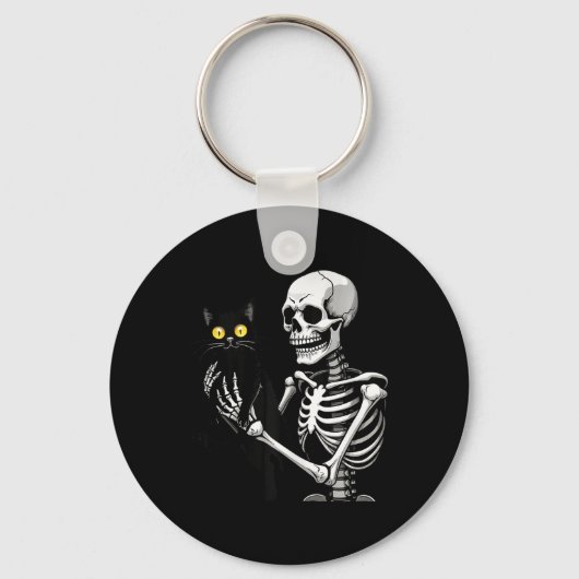 Skelet met een kat Schattige Black Cat Halloween C Sleutelhanger (Voorkant)