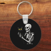 Skelet met een kat Schattige Black Cat Halloween C Sleutelhanger (Voorkant)