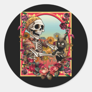 Skelet met een kattenkostuum Lazy Halloween Kaart Ronde Sticker