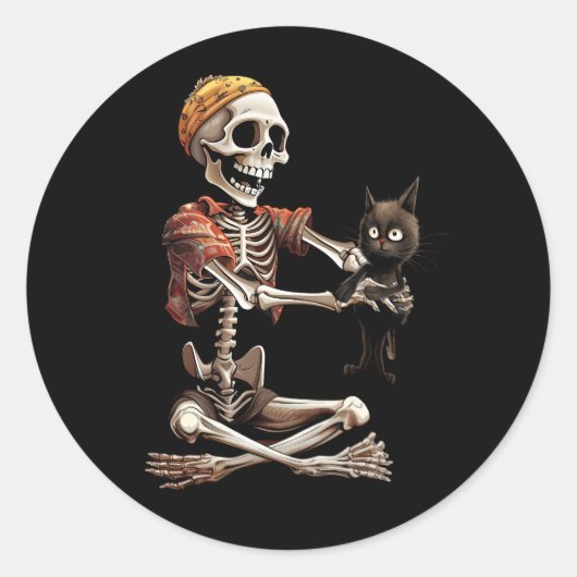 Skelet met een kattenliefhebber Lazy Halloween Cos Ronde Sticker (Voorkant)