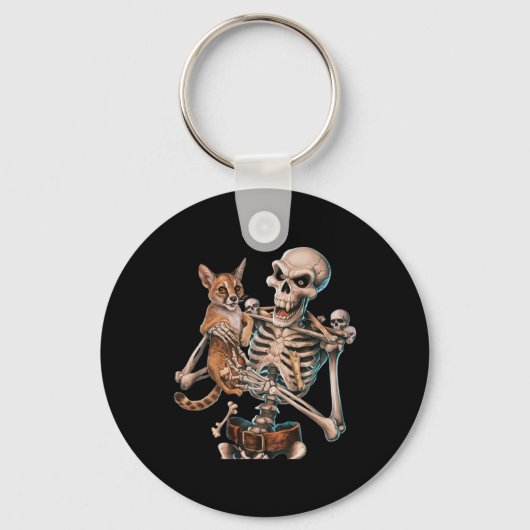 Skelet met een kattenschedel Kat Halloween Mannen Sleutelhanger (Voorkant)