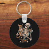 Skelet met een kattenschedel Kat Halloween Mannen Sleutelhanger (Voorkant)