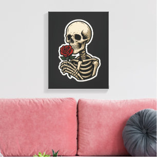 Skelet met een Roos – Artistieke Gotische Sticker Canvas Afdruk