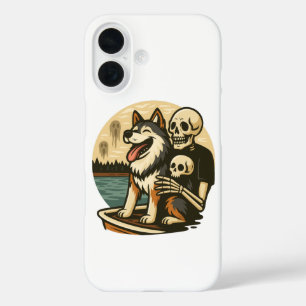 Skelet met hond op een hevig spookachtig meer Horr iPhone 16 Hoesje