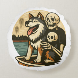 Skelet met hond op een hevig spookachtig meer Horr Rond Kussen