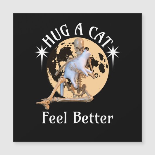 Skelet met kat knuffelen onder maanlicht voor comf (Voorkant)