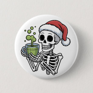Skelet met Matcha-drank en kerstmuts Ronde Button 5,7 Cm