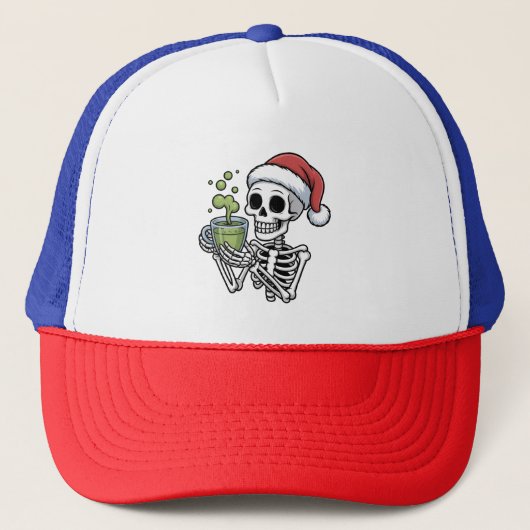 Skelet met Matcha-drank en kerstmuts Trucker Pet (Voorkant)