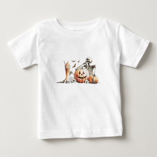 Skelet met pompoen en drink. Halloween. (Voorkant)