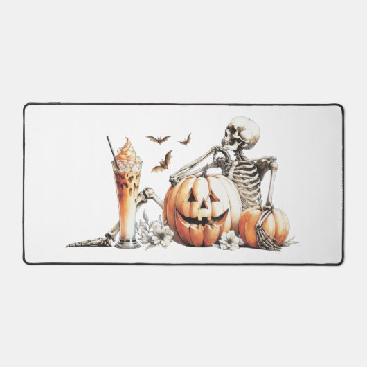 Skelet met pompoen en drink. Halloween. Bureaumat (Voorkant)