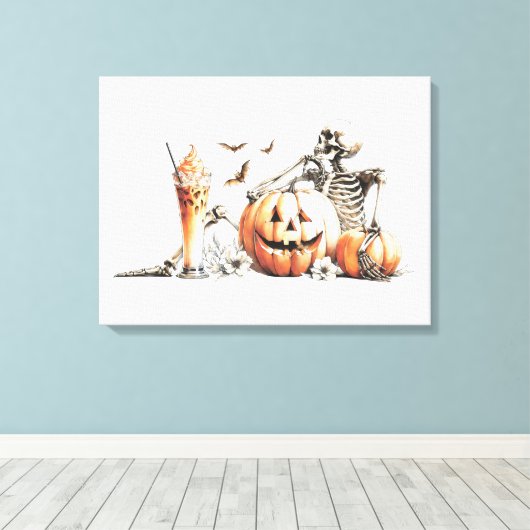 Skelet met pompoen en drink. Halloween. Canvas Afdruk (Insitu (Houten vloer))