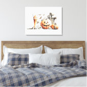 Skelet met pompoen en drink. Halloween. Canvas Afdruk (Insitu (Slaapkamer))