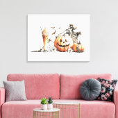 Skelet met pompoen en drink. Halloween. Canvas Afdruk (Insitu (Woonkamer))