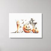 Skelet met pompoen en drink. Halloween. Canvas Afdruk (Voorkant)