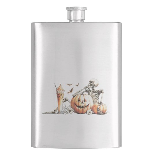 Skelet met pompoen en drink. Halloween. Flacon (Voorkant)