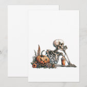 Skelet met pompoen en drink. Halloween Menu (Voorkant / Achterkant)