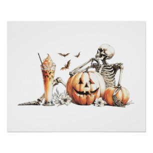 Skelet met pompoen en drink. Halloween. Perfect Poster