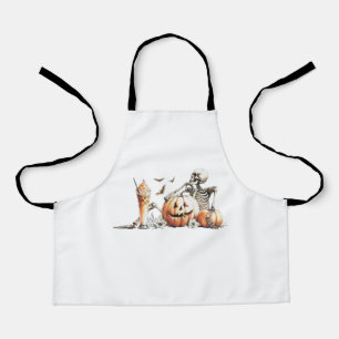 Skelet met pompoen en drink. Halloween. Schort