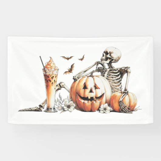 Skelet met pompoen en drink. Halloween. Spandoek (Horizontaal)