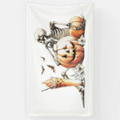 Skelet met pompoen en drink. Halloween. Spandoek (Verticaal)
