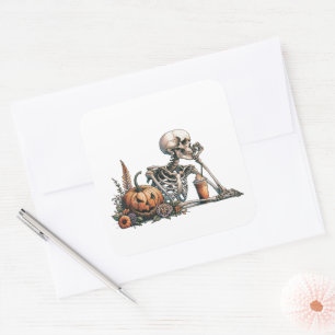 Skelet met pompoen en drink. Halloween Vierkante Sticker