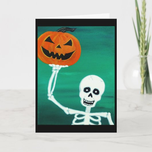 Skelet met pompoen Halloween Wenskaart Kaart (Voorkant)