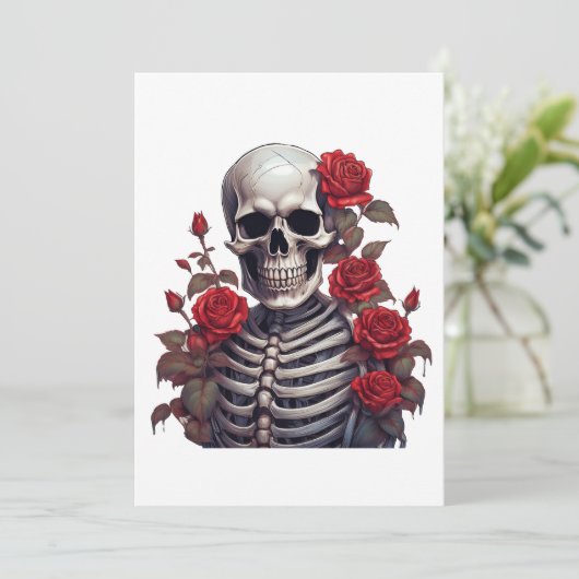 Skelet Met Rode Rozen Kaart (Staand voorkant)