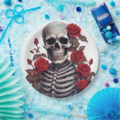 Skelet met rode rozen papieren bordje (Feest)